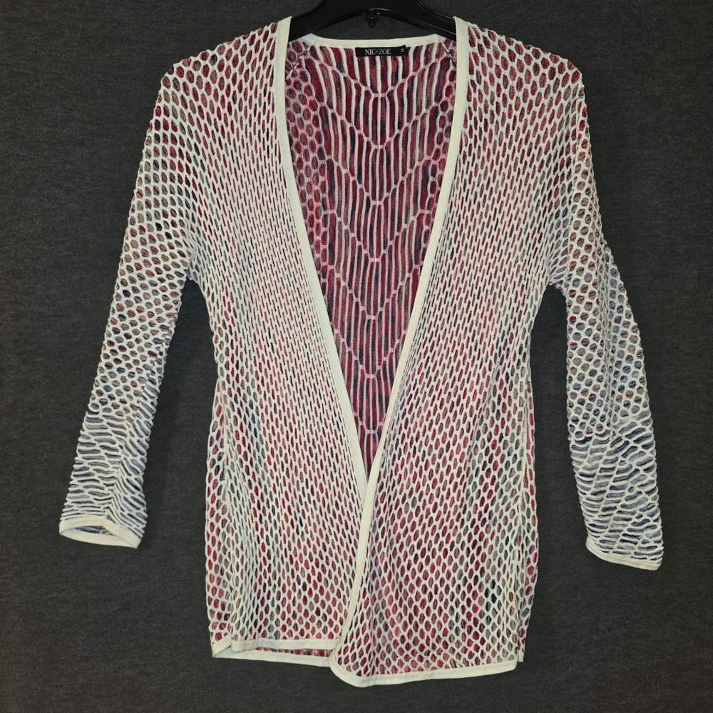 NIC+ZOE Cardigan Medium Women White Red Blue Pointelle Open Front Knit Layer